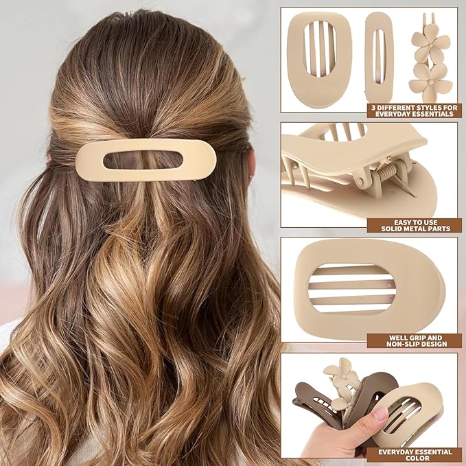 12 Pack Flat Hair Clips for Women-3 Styles Matte Neutral Flat Claw Clips, Black, Blonde,Light Brown & Dark Brown, French Duckbill Styling Accessories (Matte Neutral-5)
