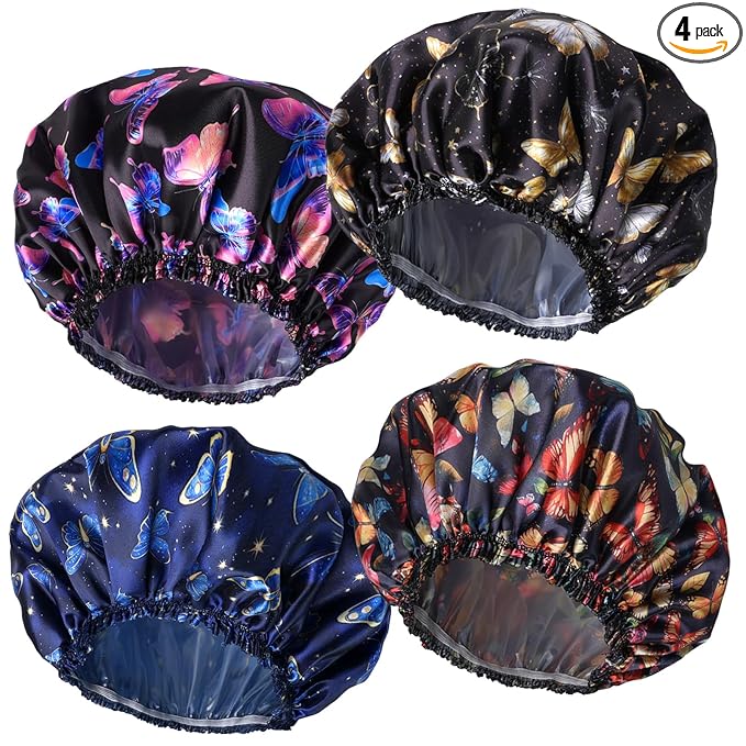 4 PCS Shower Cap for Women, Elastic and Reusable Bath Caps, Double Layers Shower Caps Reusable Waterproof, Bathing Shower Caps, Environmental Bath Hair Protection Cap - Butterfly A