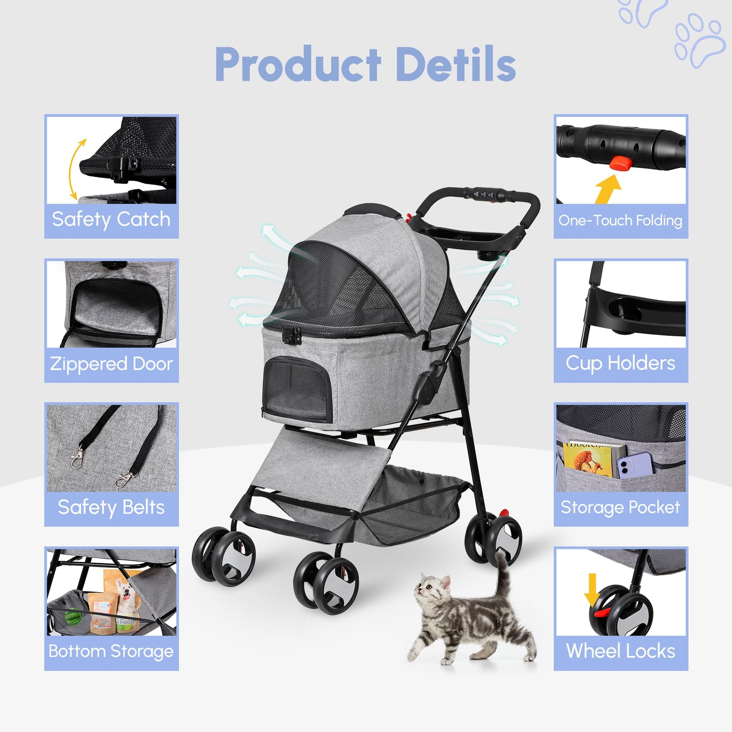 Pet Stroller 4 Wheels Dog Cat Stroller for Small Medium Dog Cats Carrier Jogger Travel Foldable Puppy with Detachable Carrier