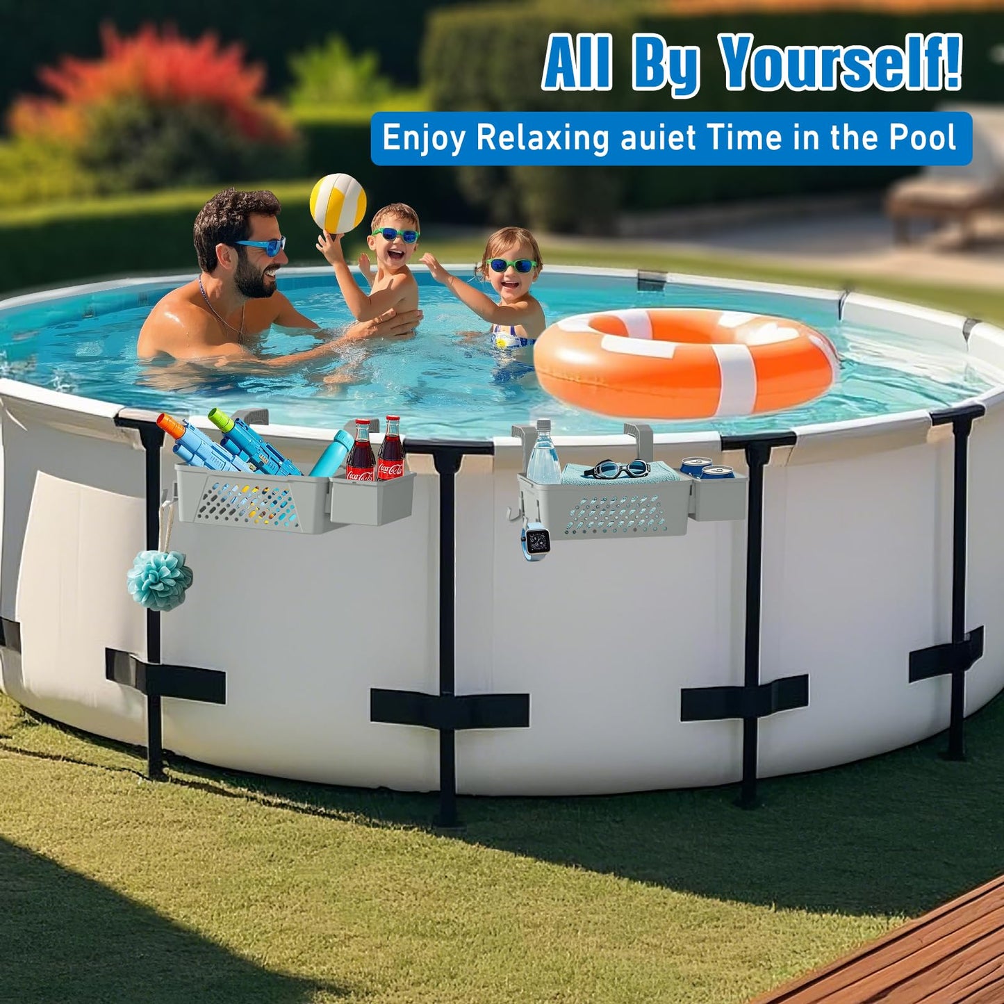 HKQ 【2026 Upgrade】 2 Sets Poolside Storage Basket with Cup Holders, Above Ground Pool Accessories, Swimming Pool Storage Basket 3-in-1 Functionality, Fits 3 Inch or Less Top Rail (Grey, 2Pcs)