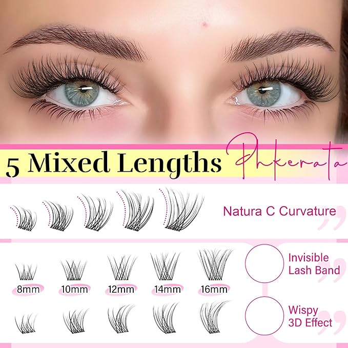 PHKERATA Natural Lash Clusters Kit Invisible Band Eyelash Clusters Wispy Lash Extension Kit DIY Cluster Eyelash Extension Kit Individual Lashes with Lash Glue Bond and Seal Tweezers, 8-16mm