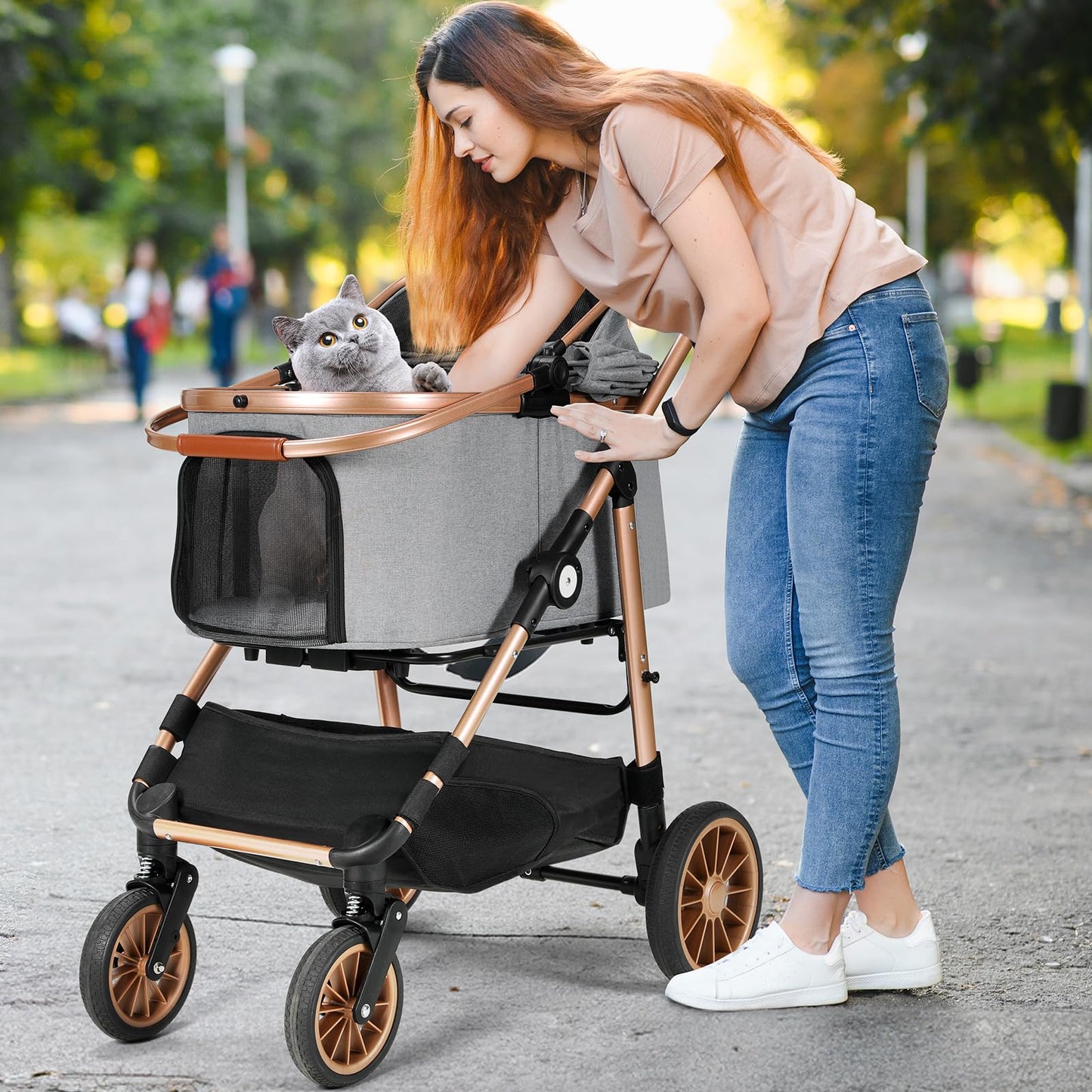 MAMIZO Pet Stroller for Medium Dogs Cats Up to 44 lbs, All-Terrain 3-in-1 Dog Stroller with Detachable Carrier, Rubber Wheels, One-Click Folding, Storage Basket & Cup Holder, for Senior Dogs & Cats