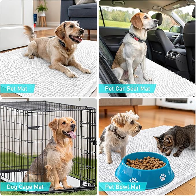 OLANLY Dog Door Mat for Muddy Paws 45x27, Absorbs Moisture and Dirt, Absorbent Non-Slip Washable Doormat, Quick Dry Chenille Mud Mat for Dogs, Entry Indoor Entryway Carpet for Inside Floor, White