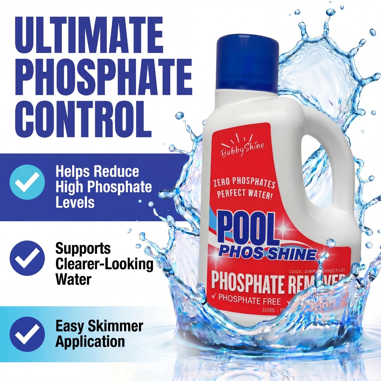 Phosphate Remover Pool Chemicals, 3 L, Pool Phosphate Remover, Swimming Pool Chemicals, Easy Cap Measure, ppb Dosing Guide, BubbyShine
