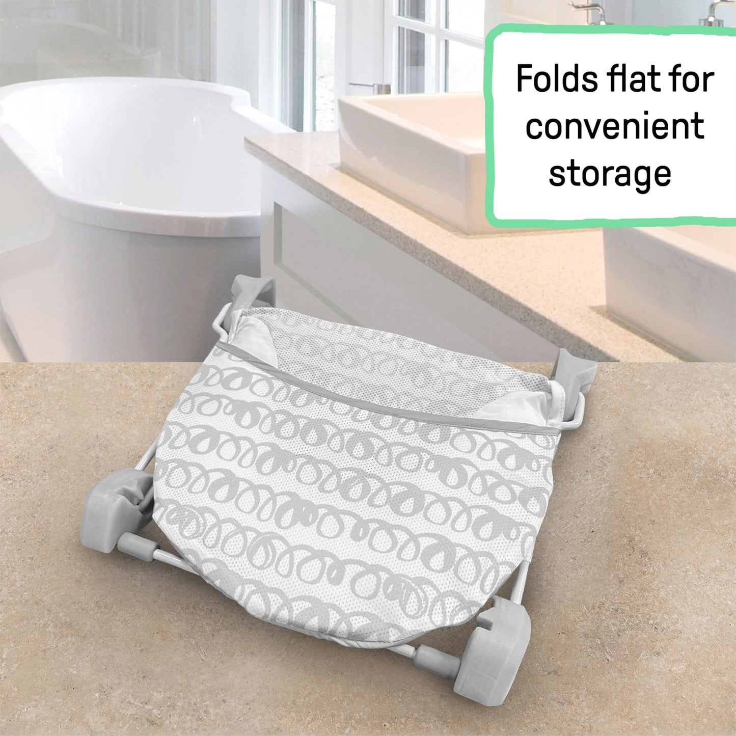 Ingenuity Foldaway 2-Position Baby Bath Seat, Adjustable Support for Sink or Bathtub, Ages 0-6 Months up to 20 Pounds, Machine-Washable Sling