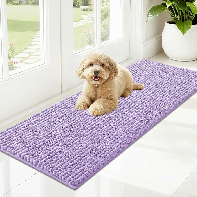 OLANLY Dog Door Mat for Muddy Paws 47x17, Ultra Absorbent Chenille Mud Doormat, Non-Slip Washable and Dirt Trapping Doormat for Indoor Entryway, Quick-Dry Indoor Pet Bed Mats for Dogs, Lavender