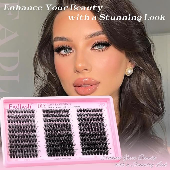 FADLASH Lash Clusters 40D 50D 60D Natural Wispy Eyelash Clusters 8-16mm D Curl Cluster Eyelash Extensions Soft Thin Band DIY at Home