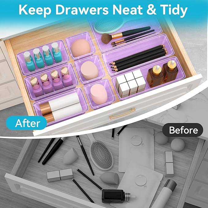 12-Piece Drawer Organizer Set, 4 Sizes Versatile Plastic Vanity Organizer for Makeup, Stationery, Gadgets, in Kitchen, Bathroom, Office, and Bedroom, Purple