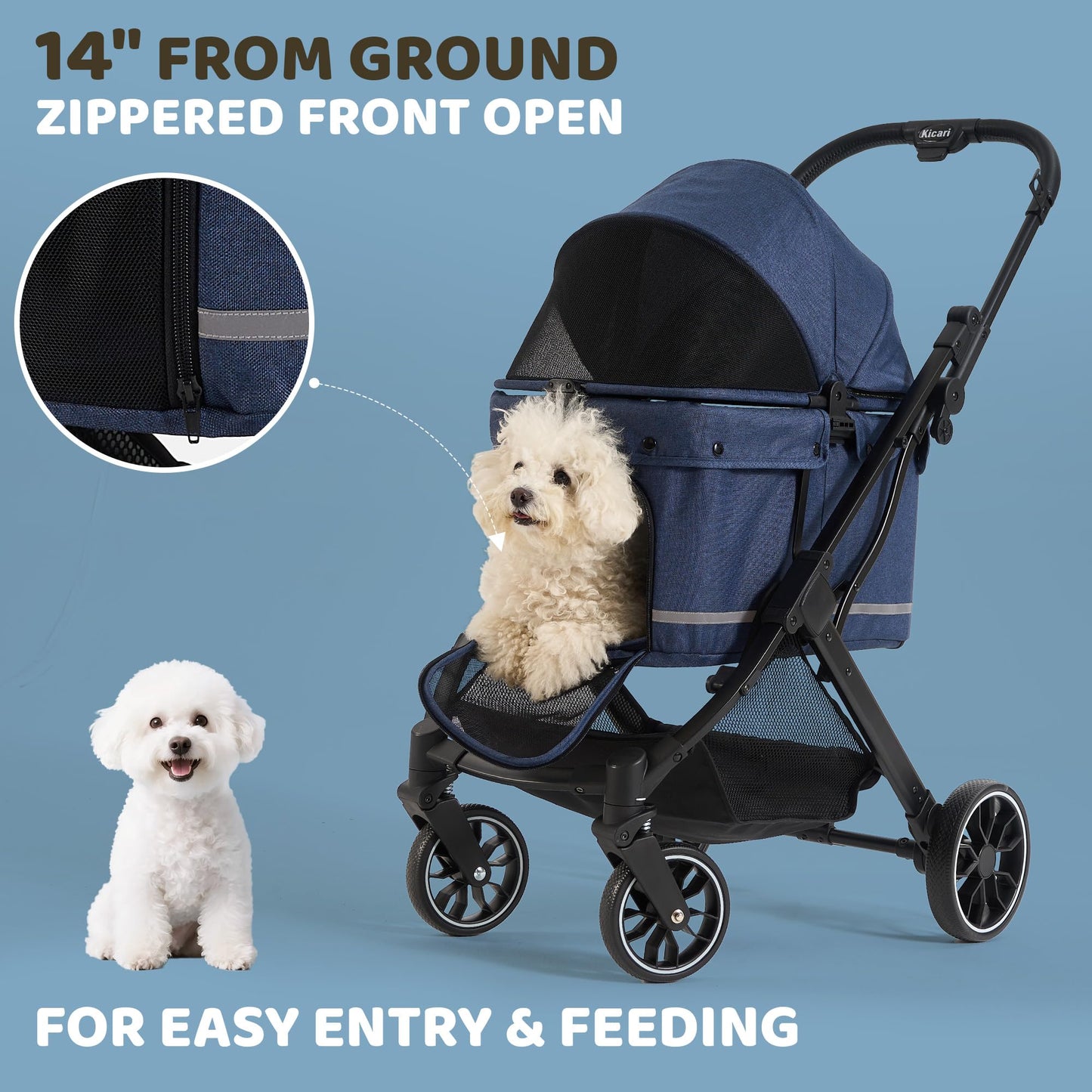 Kicari All-Terrain Dog Stroller for Small to Medium Dogs, Pet Stroller for Dogs & Cats Outdoor Walks, One-Hand Easy Fold, Double-Layer Anti-UV & Waterproof Canopy & Breathable Mesh, Midnight Blue