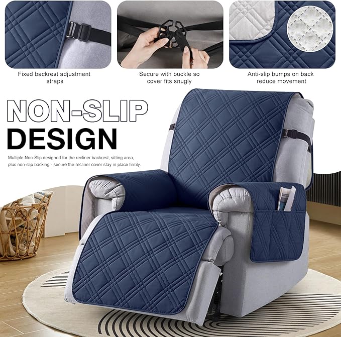 TAOCOCO Waterproof Recliner Chair Covers 30 Inch Wide, Oversized Recliner Covers for Recliner Chair with Pocket, Recliner Slipcovers with Straps Furniture Protector for Kids Pets (30'', Navy Blue)