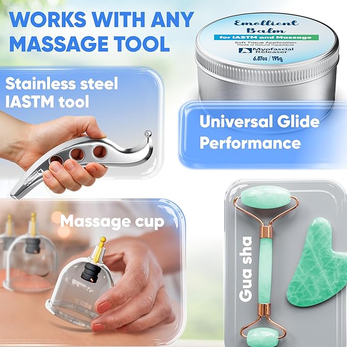 Myofascial Releaser Emollient Balm for IASTM & Gua Sha – Non-Greasy Massage Balm for Tool Glide and Bodywork – Natural, Hypoallergenic, Unscented Massage Balm Alternative to Oil (195g)
