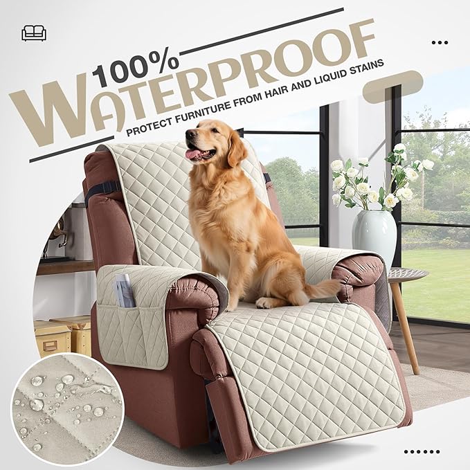 KinCam 100% Waterproof Recliner Chair Cover, Reclining Couch Covers for Pets, Dogs, Recliner Couch Slipcover Furniture Protector with Elastic Straps for Kids(23.6", Ivory)