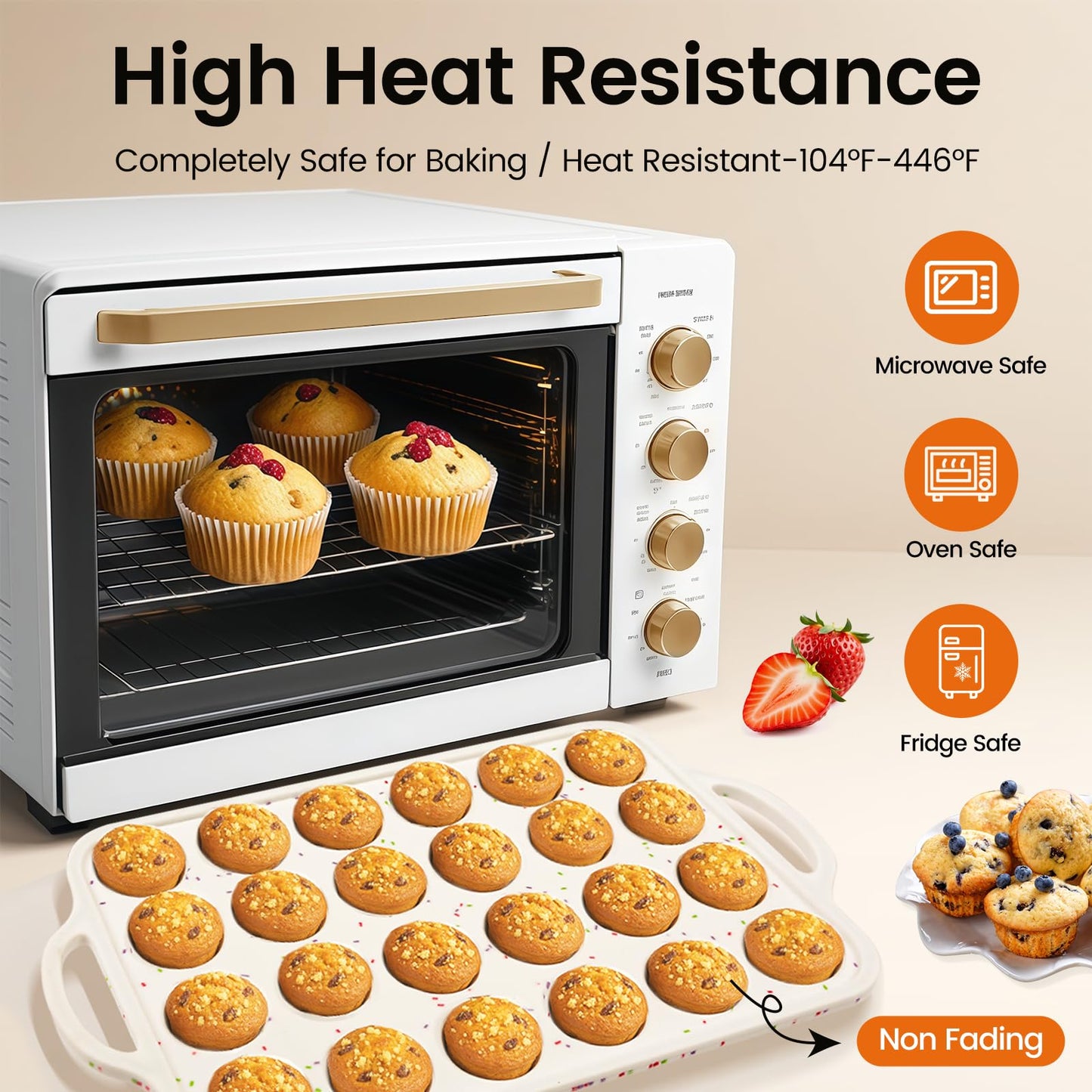 Fimary Muffin Pans With Metal Reinforced Frame - 24 Cups Durable Silicone Baking Pan for Muffins, Cupcakes, BPA Free and Dishwasher Safe - Beige with Rainbow Spots, Set of 2