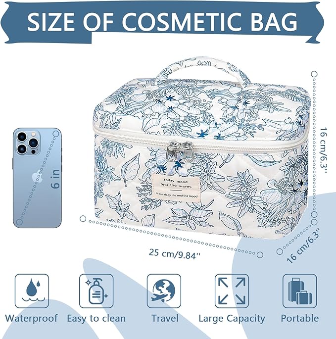 Large Makeup Bag, Cute Cosmetic Bag for Women Girls, Floral Coquette Aesthetic Toiletry Bag, Travel Make Up Organizer Bag (Navy Blue)