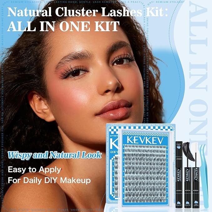 Wispy Lash Clusters Kit Invisible Thin Band Natural Eyelash Clusters 8-16mm Lash Extension Kit Mix Length Clear Band Natural Look Cluster Eyelash Extensions With Lash Bond DIY Lash At Home(Wispy04)