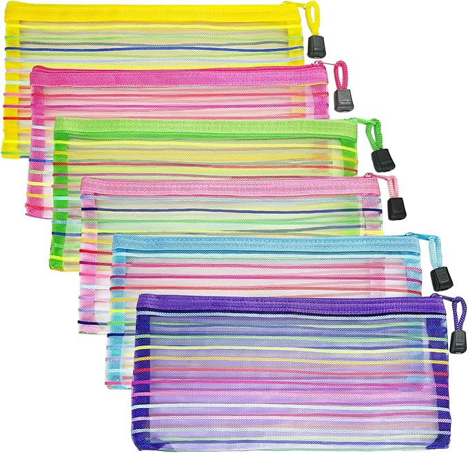 Mesh Bags with Zipper (6 Pack), Small Nylon Makeup Bag Cosmetic Pouches Travel Organizer for Purse Diaper Bag Home Organizing Striped Mix 6 Colors