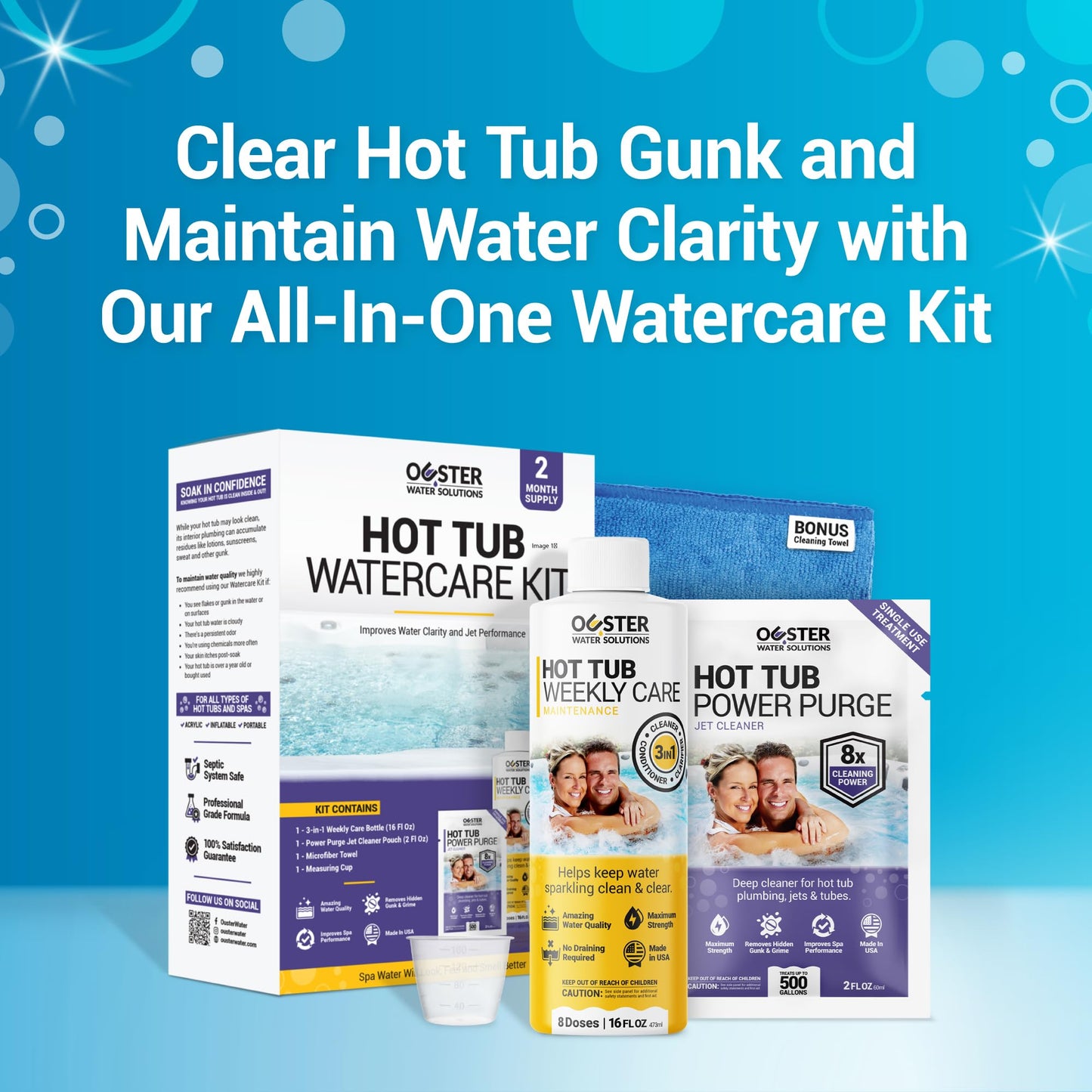Bio Ouster Hot Tub Chemicals Kit Complete Hot Tub Cleaner Kit with 3in1 Weekly Care, Power Purge Jet Cleaner, Towel, Measuring Cup for Standard and Inflatable Spas Made in USA