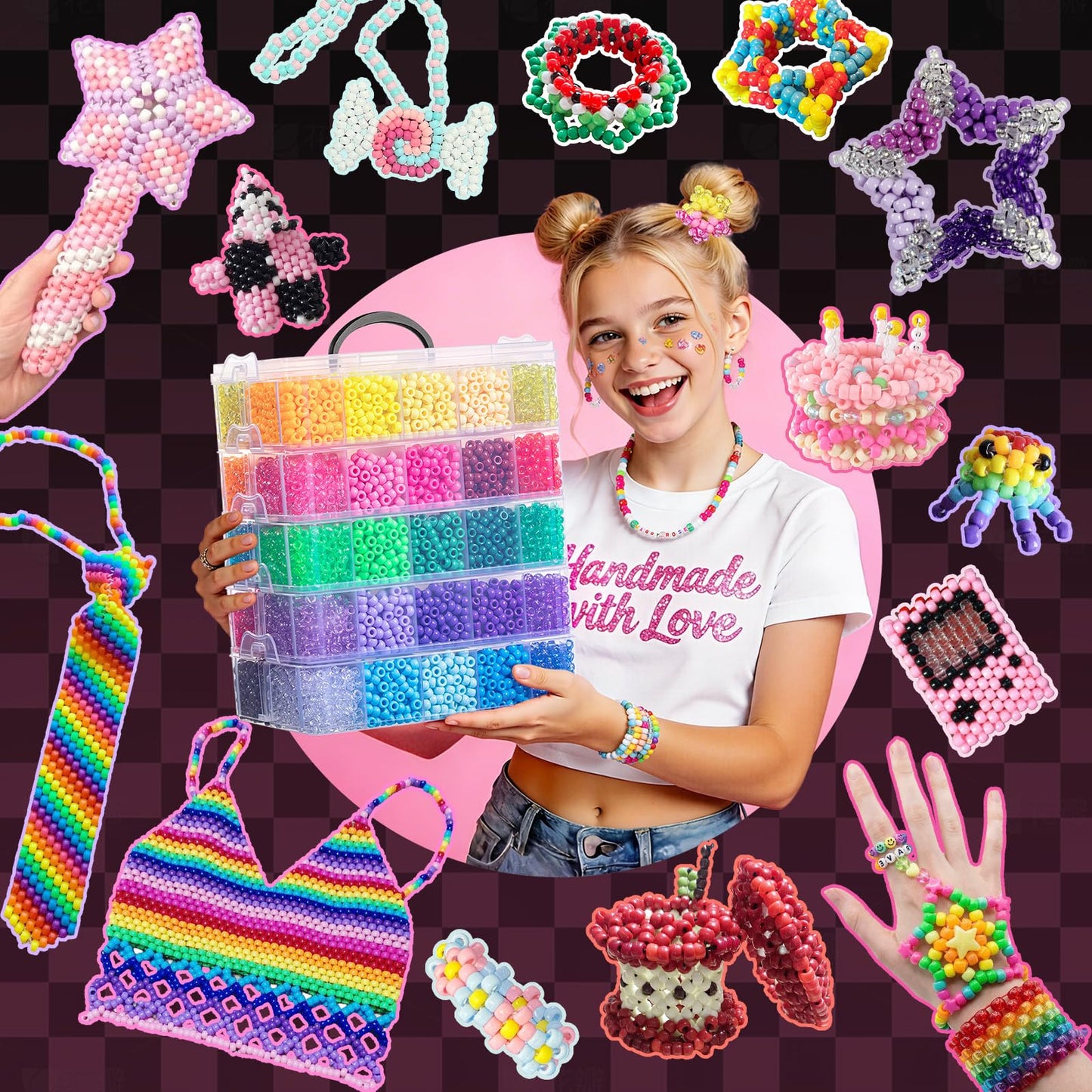 Simetufy 14000Pcs Pony Beads Bulk, 50 Colors 6x9MM Kandi Beads for Hair Braiding Bracelet Making Jewelry Key Chains DIY Crafts Christmas Gifts (8LB, Shock Resistant Package)