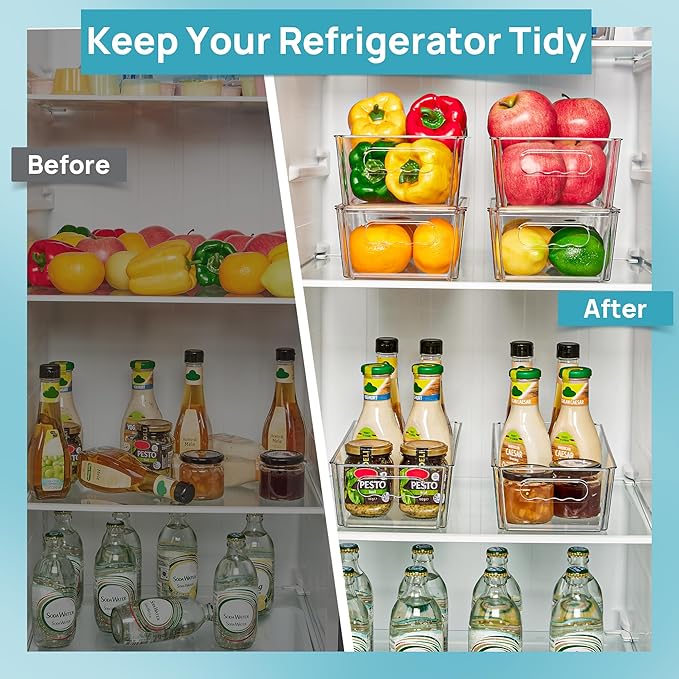 Vtopmart 2pcs Clear Organizers and Storage Bins with Lids, Stackable Plastic Storage Containers with Handles for Fridge, Freezer, Pantry, Cabinet, Kitchen Organization