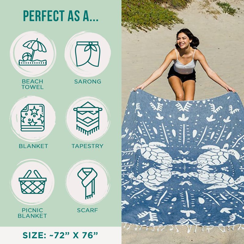 Sand Cloud Extra Large Turkish Beach Towel - Sand Resistant - 100% Organic Turkish Cotton Yarn - Quick Dry Towel for Beach Blanket or Bath - As Seen on Shark Tank - Marine Life (Prism Turtles XL)