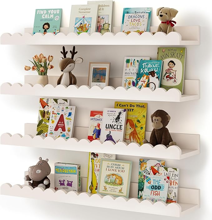 Shario Nursery Book Shelves, 4-Pack White Floating Shelves for Wall Kids, Scalloped Shelves, Wall Book Shelves for Bedroom Kids, Toddler Room, Baby Room, Nursery Decor