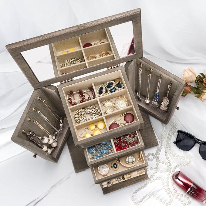 Emfogo Jewelry Box for Women, Rustic Wooden Jewelry Boxes & Organizers with Mirror, 4 Layer Jewelry Organizer Box Display for Rings Earrings Necklaces Bracelets (Weathered Gray)