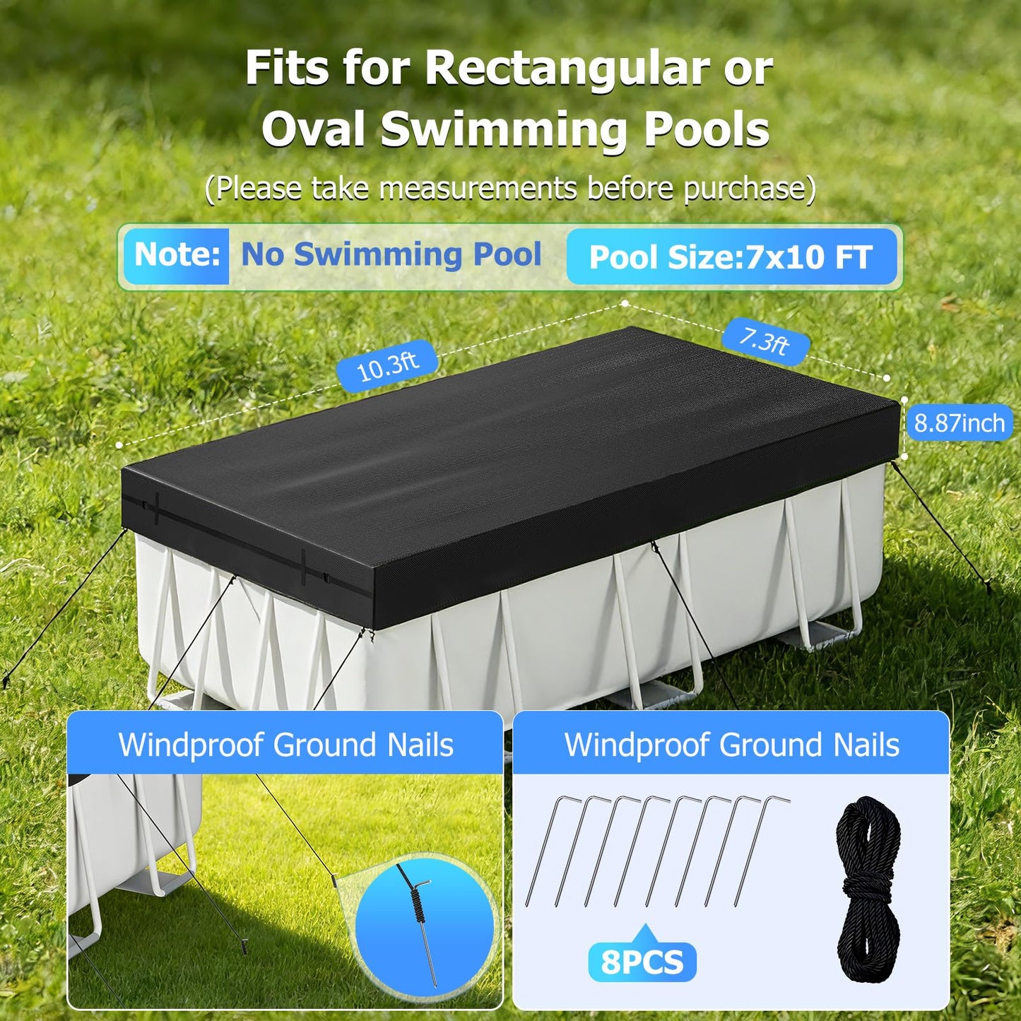 7x10 FT Rectangular Pool Cover, Solar Pool Cover for Above Ground Pool, Swimming Pool Cover Including Buckle, Drawstring and Ground Nails for Rectangular or Oval Pools