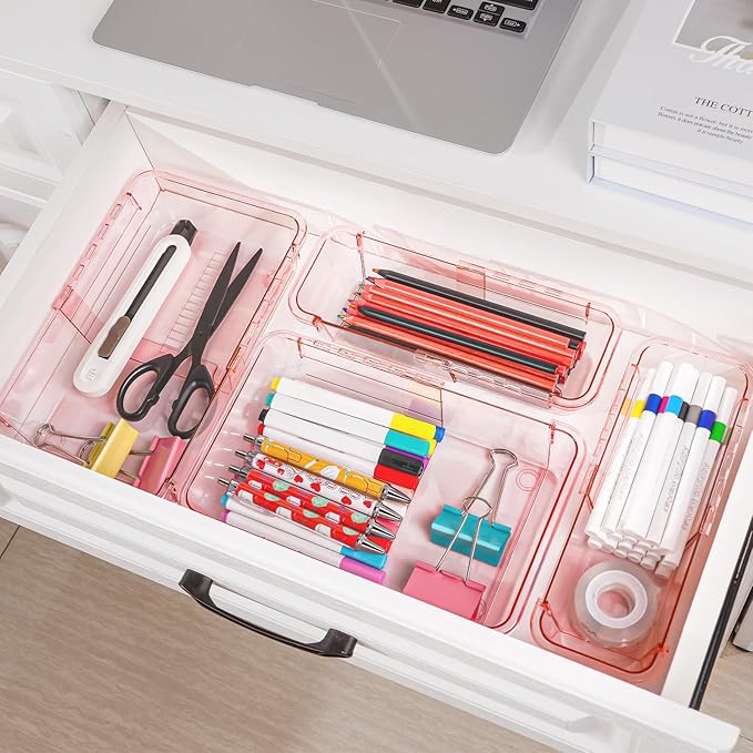 14 Pcs Clear Drawer Organizer, Adjustable Drawer Storage Box, 3-Size Desk Drawer Organizer, Acrylic Storage Bins for Makeup, Kitchen Utensils, Bedroom Dressers Tool Organizer for Gadgets, Pink