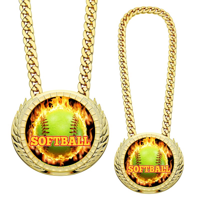 Highergo Softball Champion Chain Award Medal 5 x 6 Inch with Flame Softball Pattern on Jumbo Gold Award Medal Athlete Prize Gifts with 34inch Turnover Chain for Contest Reward Family Reunions