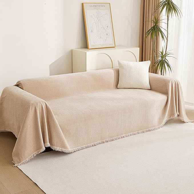 MYSKY HOME Khaki Sectional Sofa Covers Chenille Couch Cover for Dogs Solid Sofa Cover for 3 Cushion Couch Washable Couch Covers with Tassel Edge L Shape Sofa Throw Large Sofa Slipcover, 91" X134"