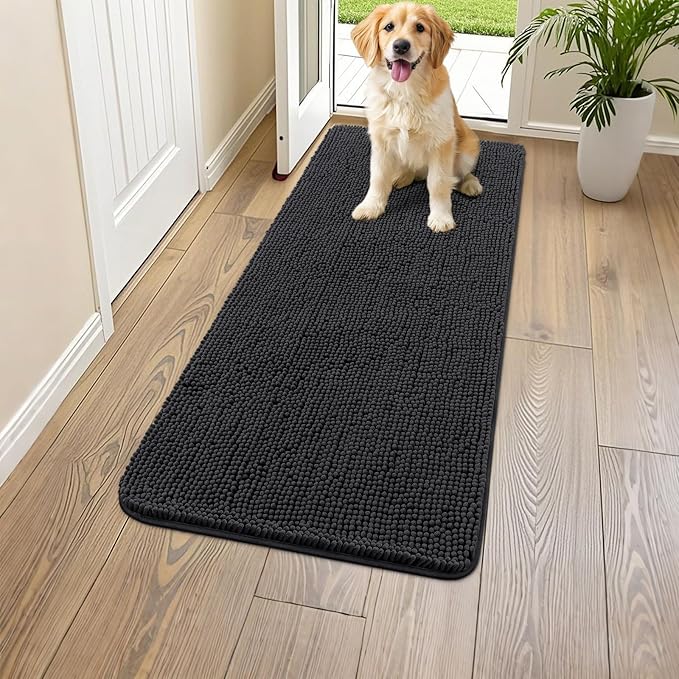 Smiry Dog Door Mat for Muddy Paws 44x24, Absorbs Moisture and Dirt Doormat, Non-Slip Washable Quick Dry Chenille Front Door Mat Indoor Entrance, Entryway Carpet for Inside Floor, Black