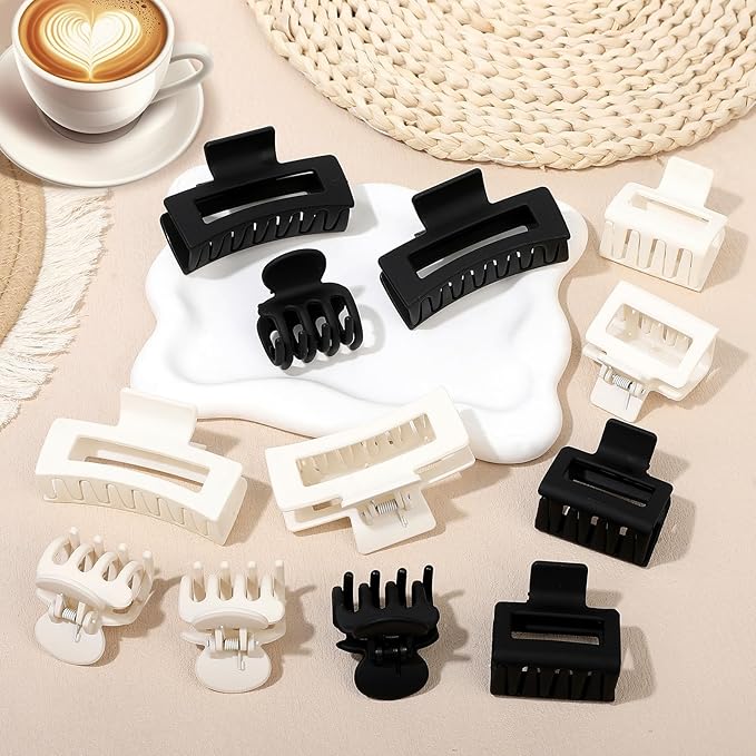 12 Pcs Hair Clips for Women 3 Styles Small Medium Large Claw Clips for Thin Thick Curly Hair, Strong Hold & Non-Slip Clips, Matte Plastic Hair Accessories Ideal Gifts for Women (Black & White)