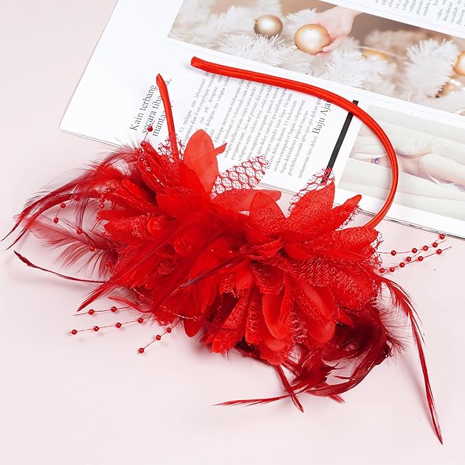 Womens Fascinators Hats Tea Party Hats for Women, Feather Pearl Veil Headband for Wedding Cocktail Dresses Accessories
