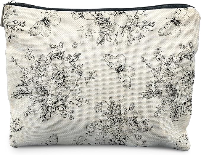 Vintage Boho Floral Butterfly Makeup Bag, Chinoiserie Black and White Cosmetic Bags for Women, Cottagecore Botanical Butterfly Zipper Makeup Pouch