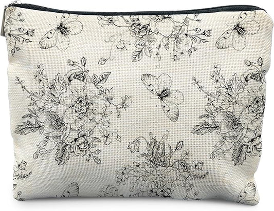 Vintage Boho Floral Butterfly Makeup Bag, Chinoiserie Black and White Cosmetic Bags for Women, Cottagecore Botanical Butterfly Zipper Makeup Pouch
