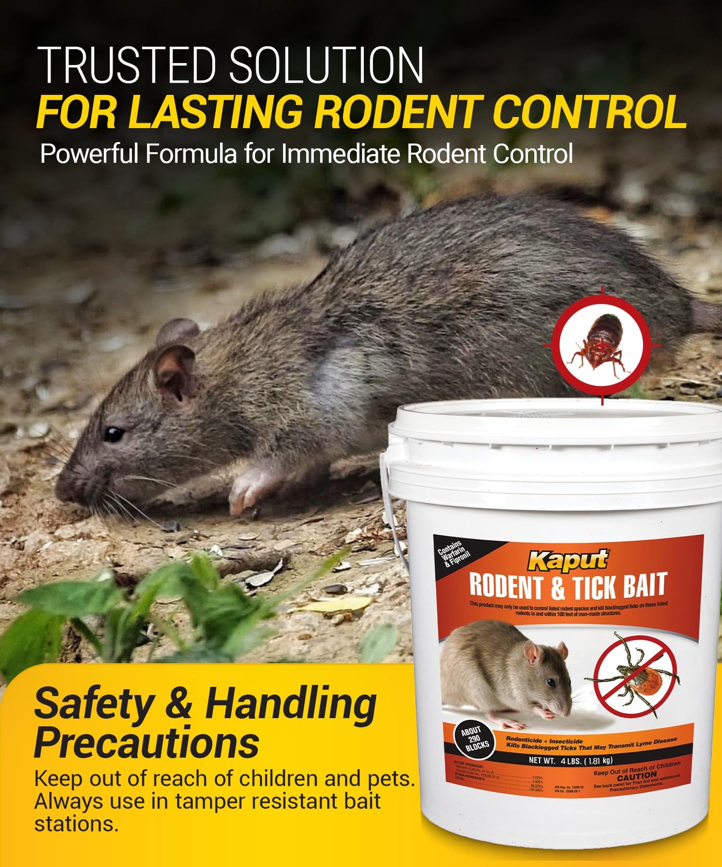 Kaput Rodent & Tick Bait Blocks, 4Lb - Powerful Warfarin & Fipronil Rat Bait Blocks for Rat Control and Their Blacklegged Ticks - Epa Approved Rodent Killer for Long-Lasting Protection