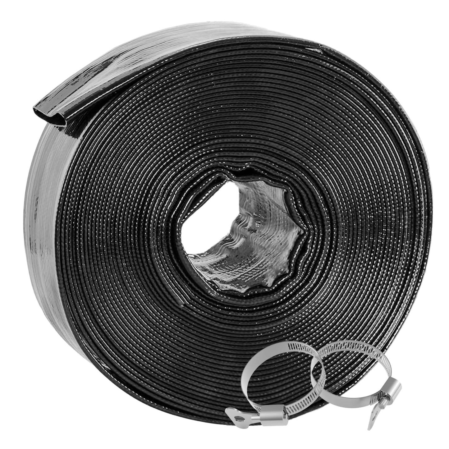 Poolvio Backwash Hose 1-1/2" x 100 ft, Heavy-Duty Lay-Flat Reinforced PVC Discharge Hose with 2 Stainless Steel Thumb Screw Clamps, Leak-Resistant for Inground & Above-Ground Pool Filters