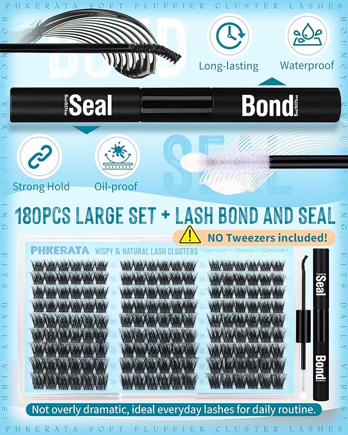 PHKERATA Fluffy Lash Clusters Kit Wispy DIY Eyelash Clusters for Volume, C Curl Cluster Eyelash Extensions Kit with Bond and Seal, at Home Lash Extension Kit, 10-16mm (No Tweezers)