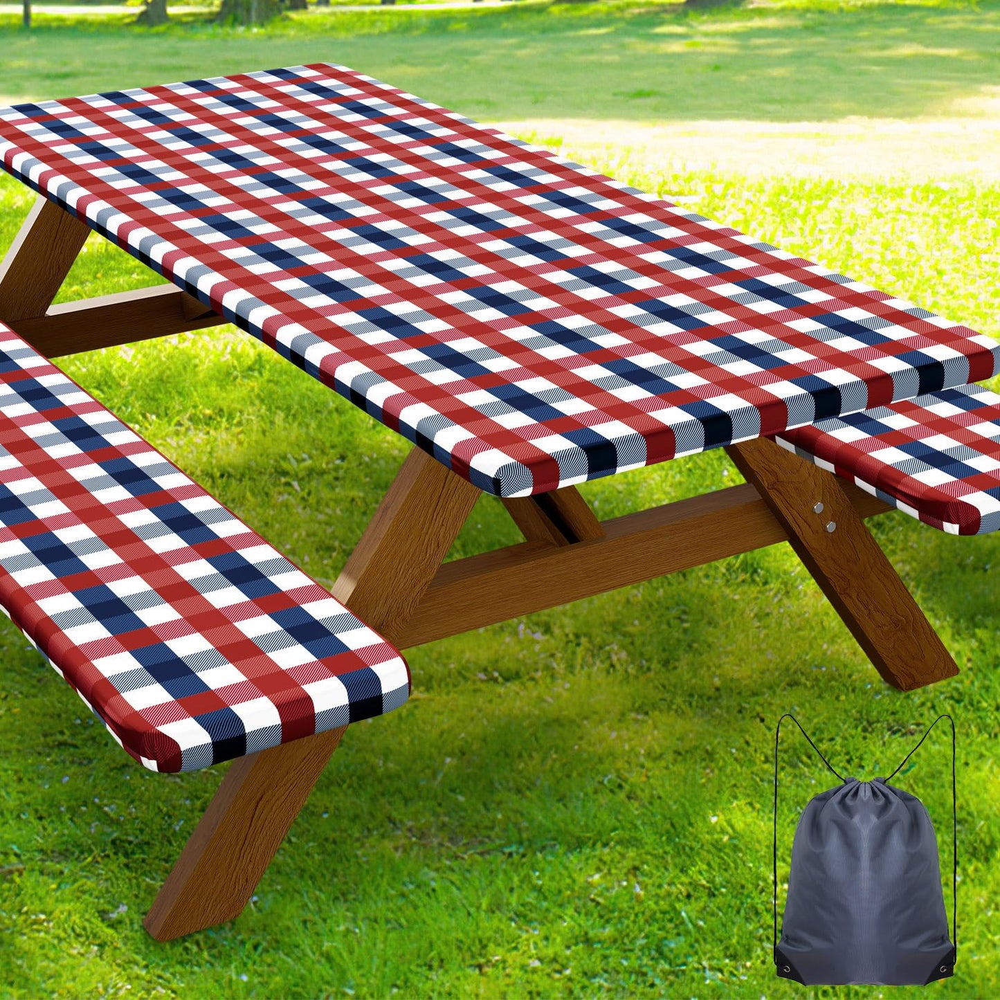Smiry Picnic Table Cover with Bench Covers, Waterproof Elastic Fitted Tablecloths for 5 Foot Rectangle Tables, Washable Buffalo Plaid Tablecloth for Camping, Outdoor (Red & Blue, 30"x60")