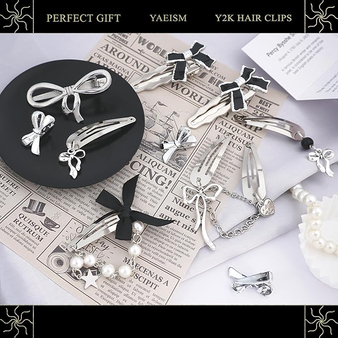 10PCS Silver Hair Clips Black Bow Hair Clips Alloy Y2K Hair Accessories Coquette Hair Bows for Women Girls