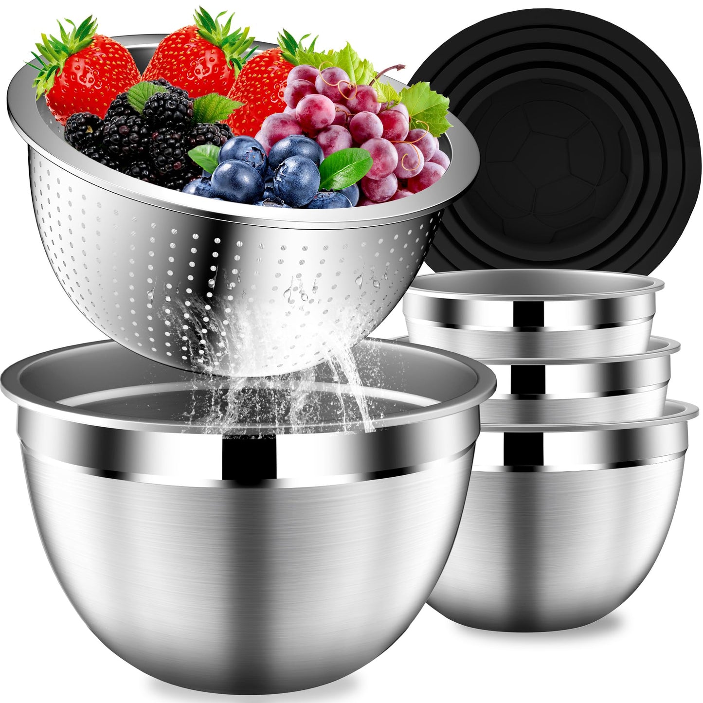 DUTZUN Mixing Bowls with Lids Set, Stainless Steel Mixing Bowls with Colander, Strainer with Mixing Bowl Set, Kitchen Gadgets Bowl Christams Gift, Size 4, 2.5, 2, 1.5QT - Black