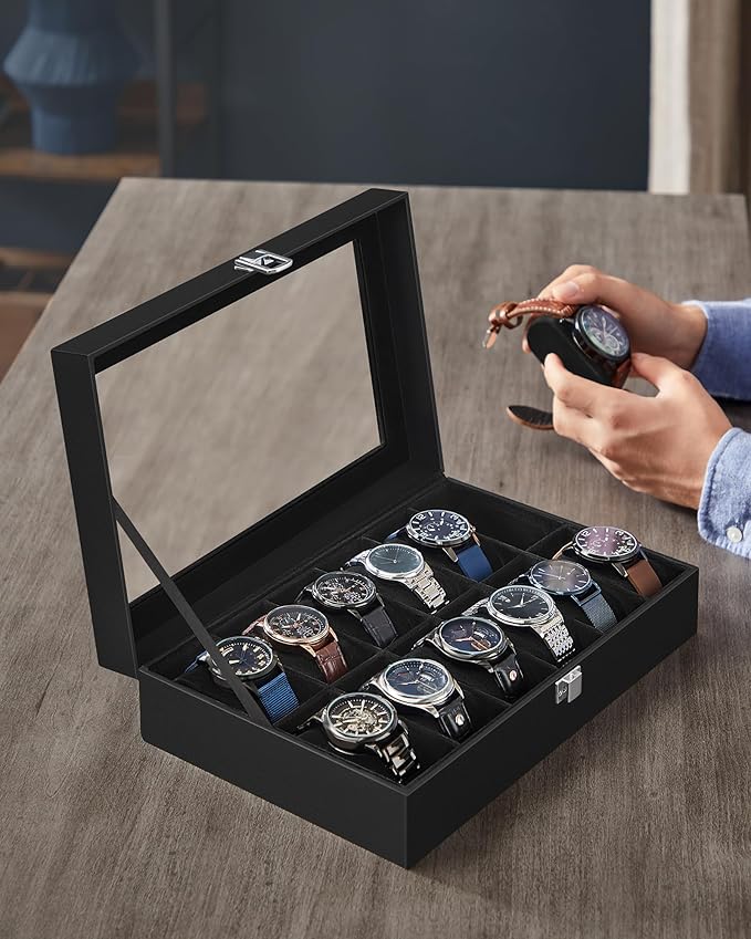 SONGMICS Watch Box, 12-Slot Watch Case Organizer with Large Glass Lid, Removable Pillows, Gift for Loved Ones, Black Synthetic Leather, Black Lining UJWB012B01