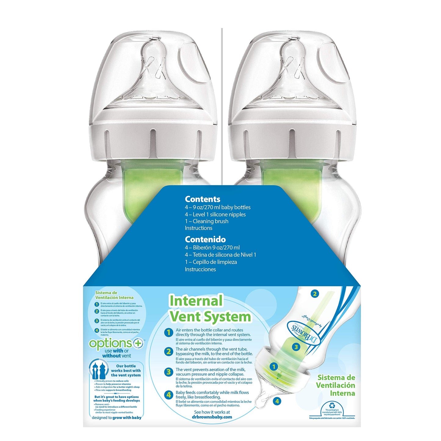 Dr. Brown's Natural Flow Anti-Colic Options+ Wide-Neck Baby Bottles, 9 oz/270 mL, with Level 1 Slow Flow Nipple, 4 Pack Good Morning/Good Night Gift Set
