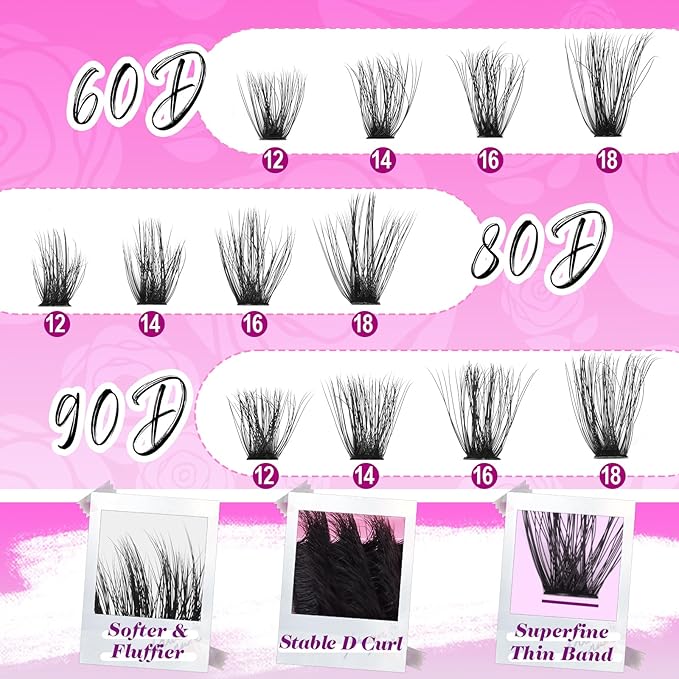 Yawamica Fluffier Eyelash Clusters Wispy Lash Extension 60D+80D+90D Thick Volume Individual Lashes D Curly 12-18mm Cluster Eyelash Extensions 240pcs DIY Lash by Self