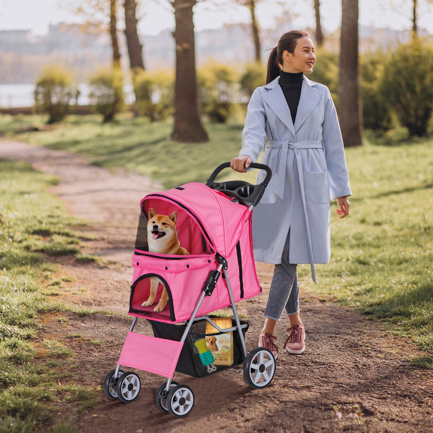 LEMY Foldable Pet Stroller,4 Wheels Cat/Dog Stroller with Weather Cover for Small/Medium Dogs and Cats,Pink Pet Strolling Cart with Storage Basket and Cup Holder
