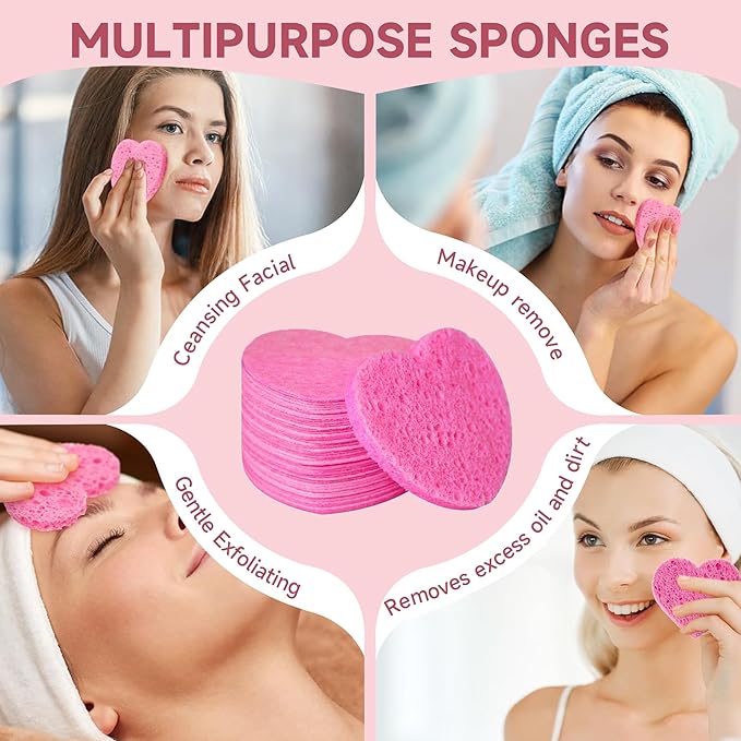 100 Count Compressed Pink Heart Facial Sponges 100% Natural Cellulose Eco-Friendly Makeup Sponges for Gentle Cleansing, Exfoliating & Stubborn Makeup Removal Travel & Home Beauty Essentials for Women