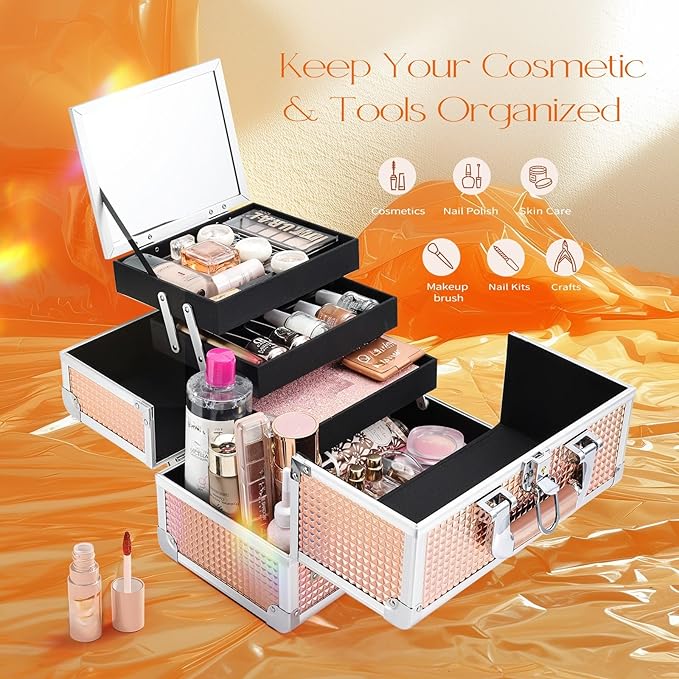 Joligrace Dazzle Gold Makeup Train Case, 3-Tier Makeup Box Organizer and Portable Makeup Organizer Box, Hard Makeup Case with Mirror and Lock, Professional Makeup Case for Women