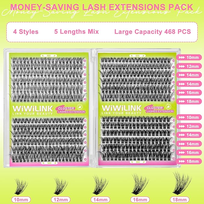 Lash Clusters Kit 40D+50D+60D+80D Individual Lashes 468PCS D Curl 10-18mm DIY Eyelash Extension Kit with Cluster Lash Bond & Seal and Applicator for Eyelashes Extension Beginners