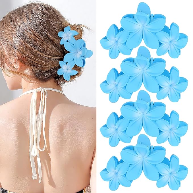 ANBALA 4PCS Flower Hair Clips Plumeria Hawaiian Claw Clips for Thick Hair Non-Slip Strong Hold Beach Accessories for Women Girls (Blue)