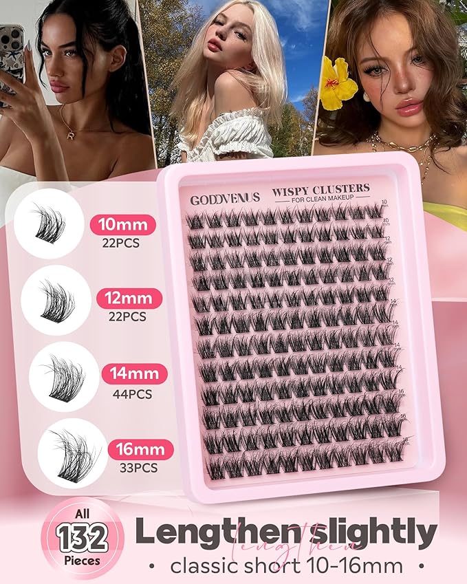 Goddvenus Wispy Lash Clusters Natural Eyelashes Cluster Fluffy Lashes Clusters CD Curl Cluster Eyelash Extensions DIY Individual Lashes Extension (10-16mm 132pcs)